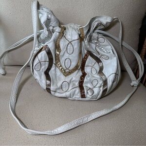 Vintage White Leather Metallic Accents Scrunched/Ruched Crossbody Bag